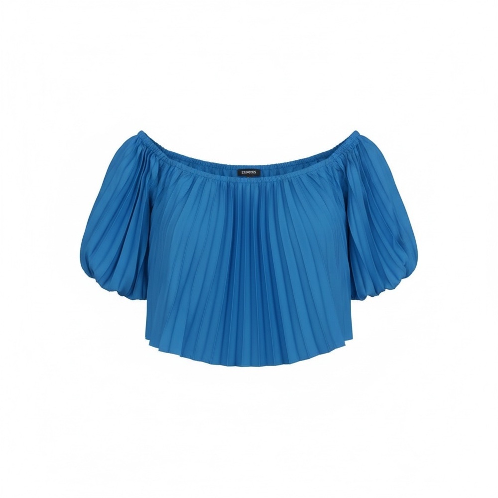 Express Off-the-Shoulder Accordion Pleated Crop Blouse / Light Blue / S - Picture 3 of 9